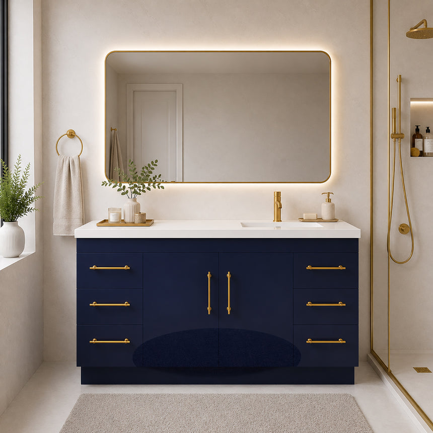 Bathroom with wooden vanity, sink, and decorative elements.