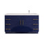 Navy Blue bathroom vanity with white countertop, offset sink, gold handles