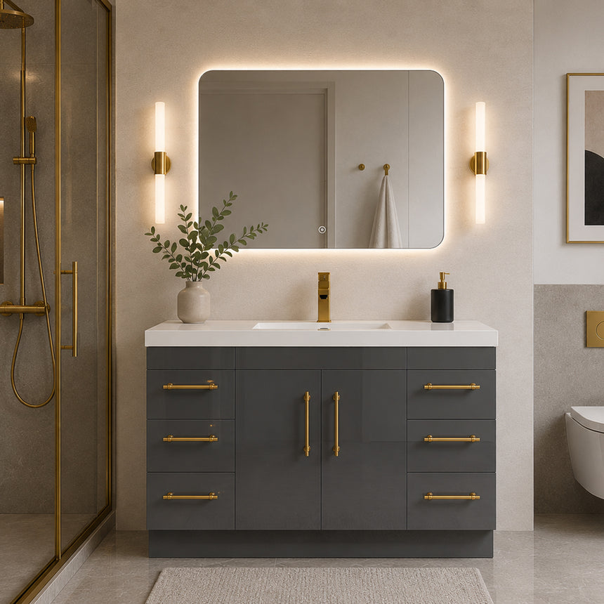 Bathroom with wooden vanity, sink, and decorative elements.