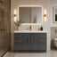 Modern bathroom with gray vanity, gold fixtures, and a mirror with lights.