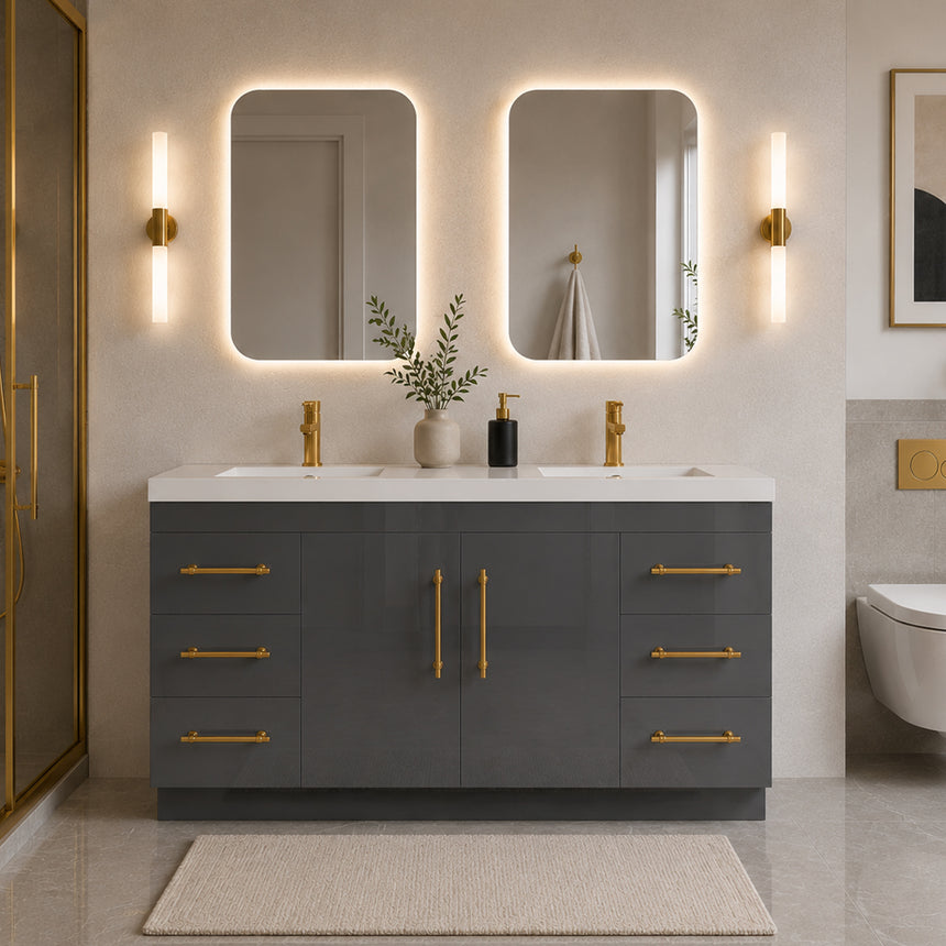 Bathroom with wooden vanity, sink, and decorative elements.