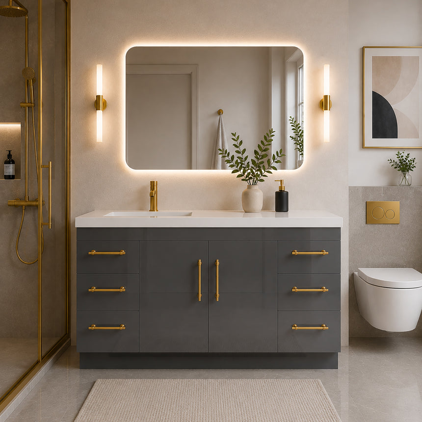 Bathroom with wooden vanity, sink, and decorative elements.