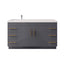 Gray bathroom vanity with white countertop and gold handles on a white background