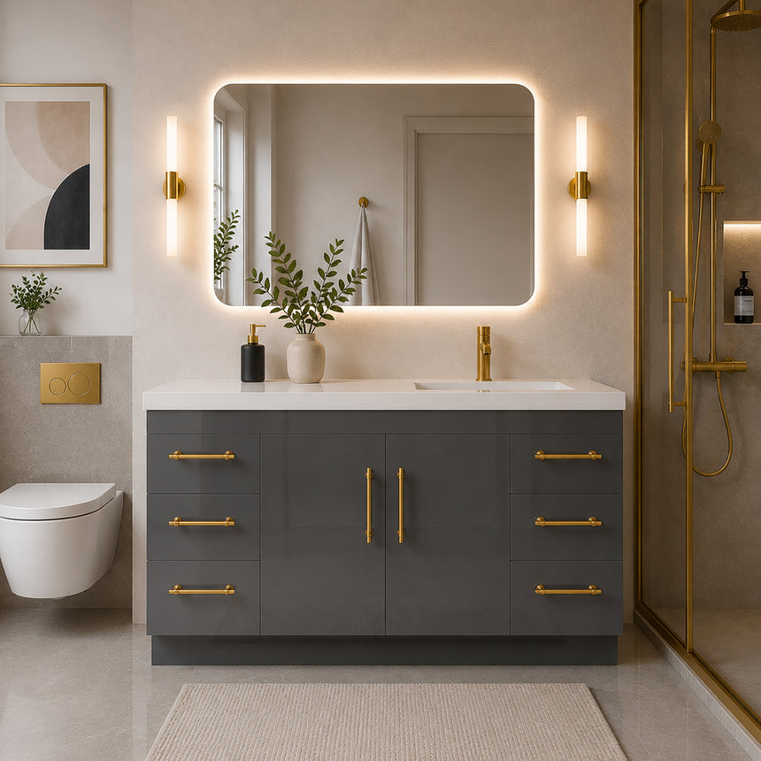 Bathroom with wooden vanity, sink, and decorative elements.