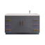 Gray bathroom vanity with white countertop and gold handles on a white background