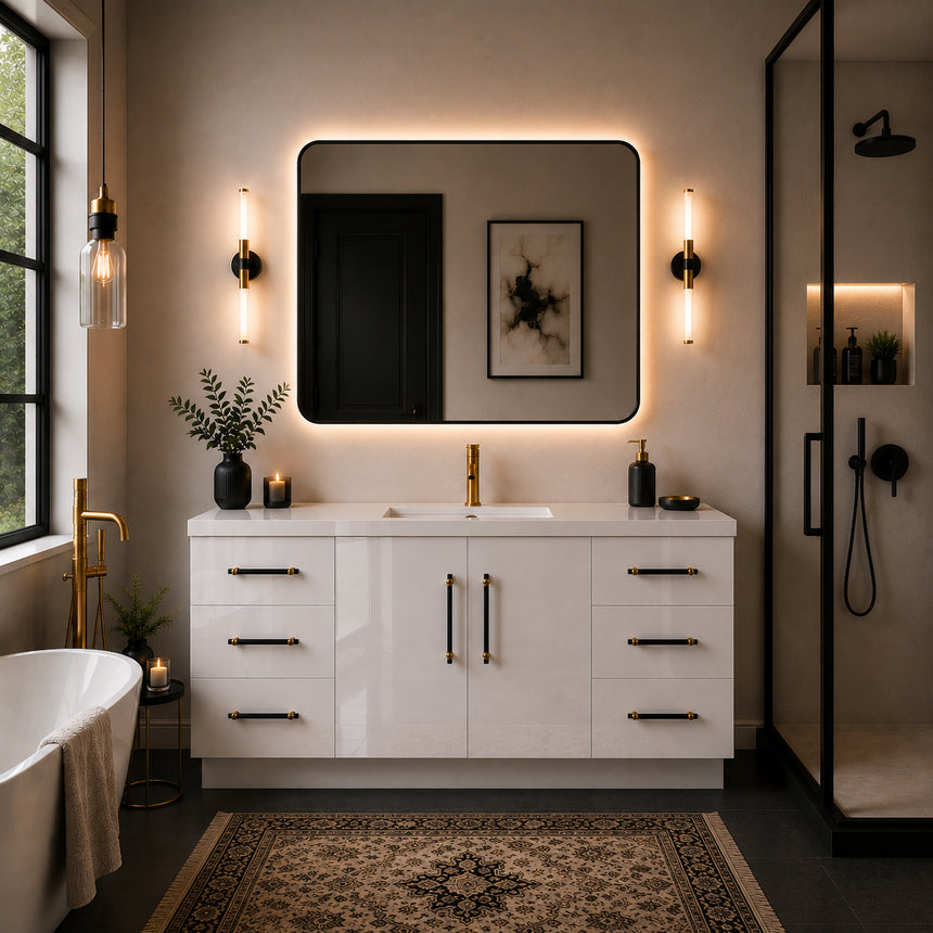 Bathroom with wooden vanity, sink, and decorative elements.