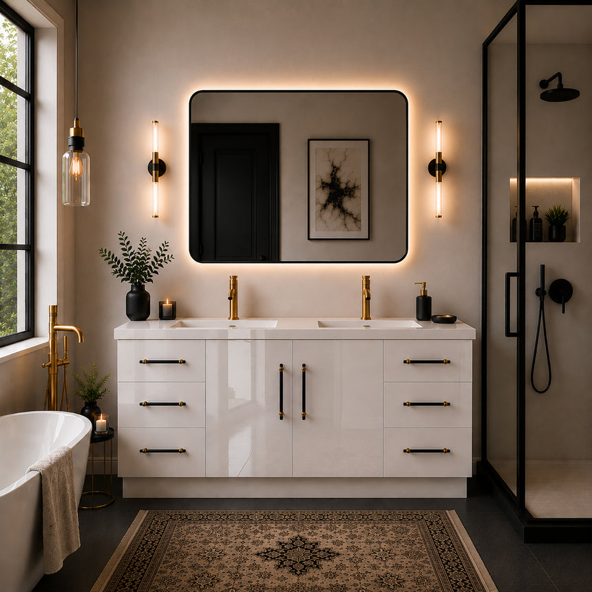 Bathroom with wooden vanity, sink, and decorative elements.