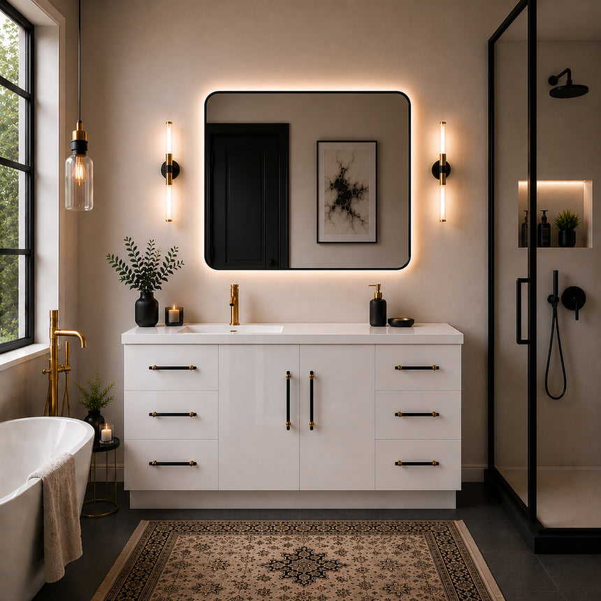 Bathroom with wooden vanity, sink, and decorative elements.