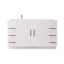 White bathroom vanity with black handles on a white background