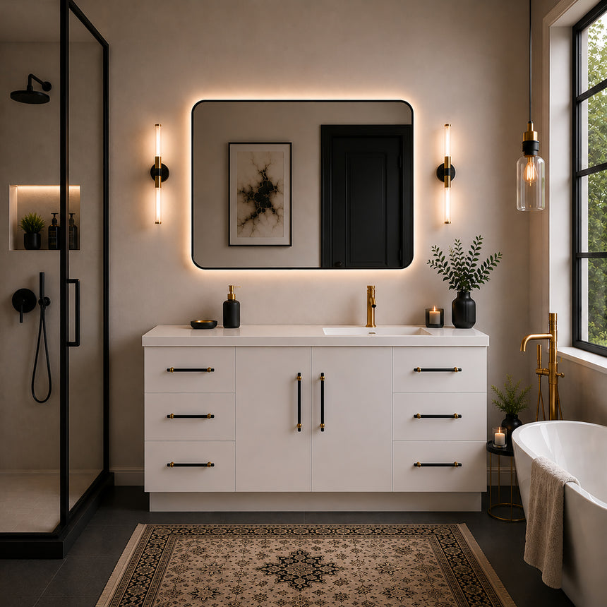 Bathroom with wooden vanity, sink, and decorative elements.