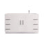 White bathroom vanity with black handles on a white background