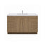 Bathroom vanity with wooden finish and white countertop on a white background