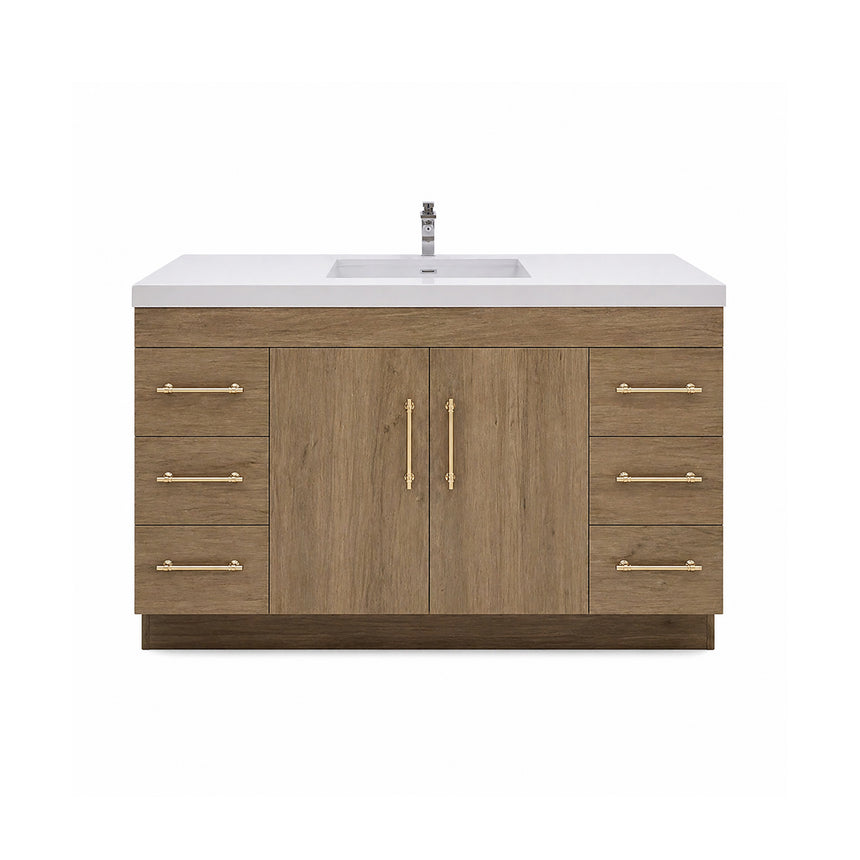 Bathroom with wooden vanity, sink, and decorative elements.