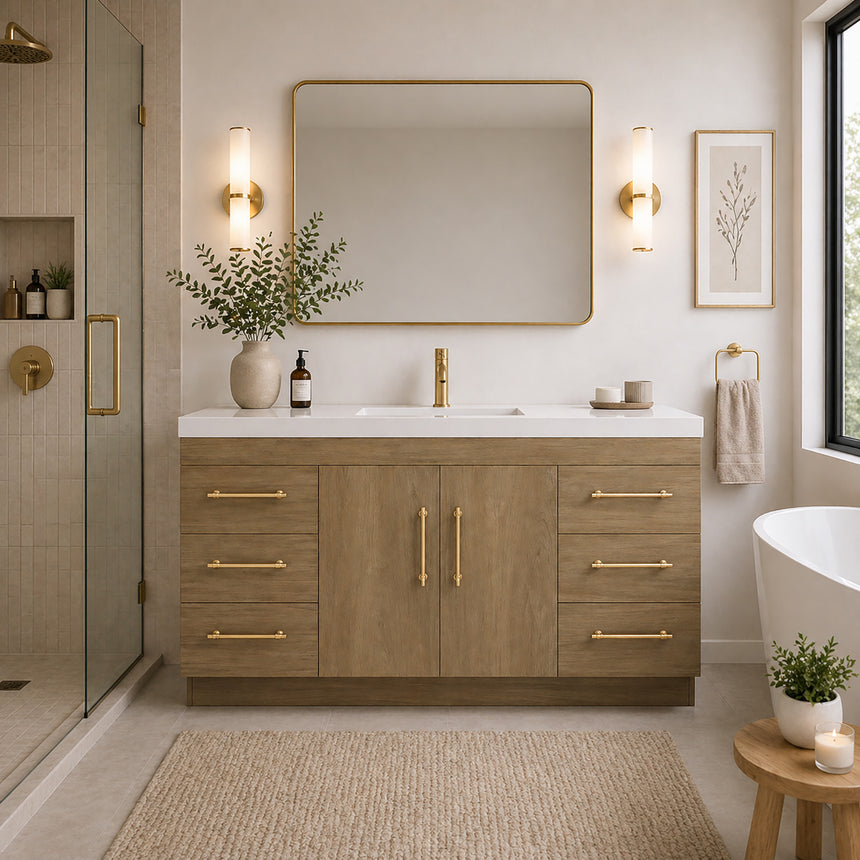 Bathroom with wooden vanity, sink, and decorative elements.