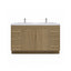 Bathroom vanity with wooden finish and white countertop on a white background