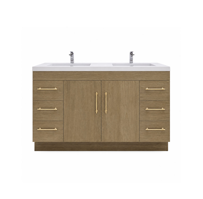 Bathroom with wooden vanity, sink, and decorative elements.