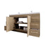 Bathroom vanity with open doors and drawers on a white background