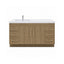 Wooden bathroom vanity with white countertop on a white background