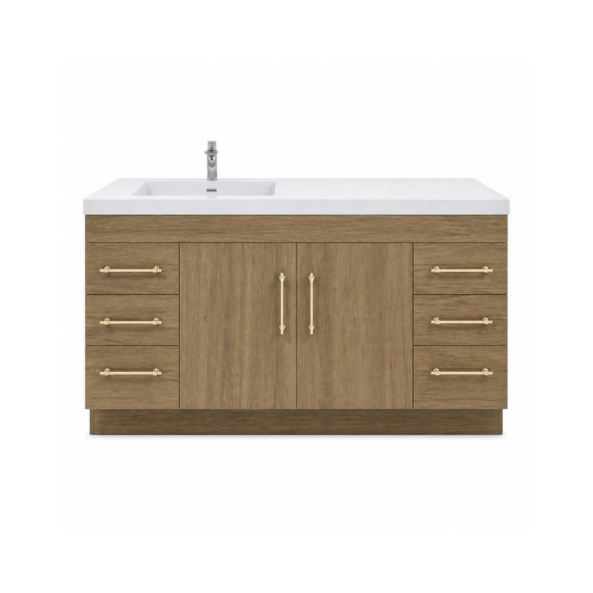 Bathroom with wooden vanity, sink, and decorative elements.