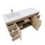Bathroom vanity with open drawers and cabinet on a white background