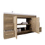 Bathroom vanity with open doors and drawers on a white background