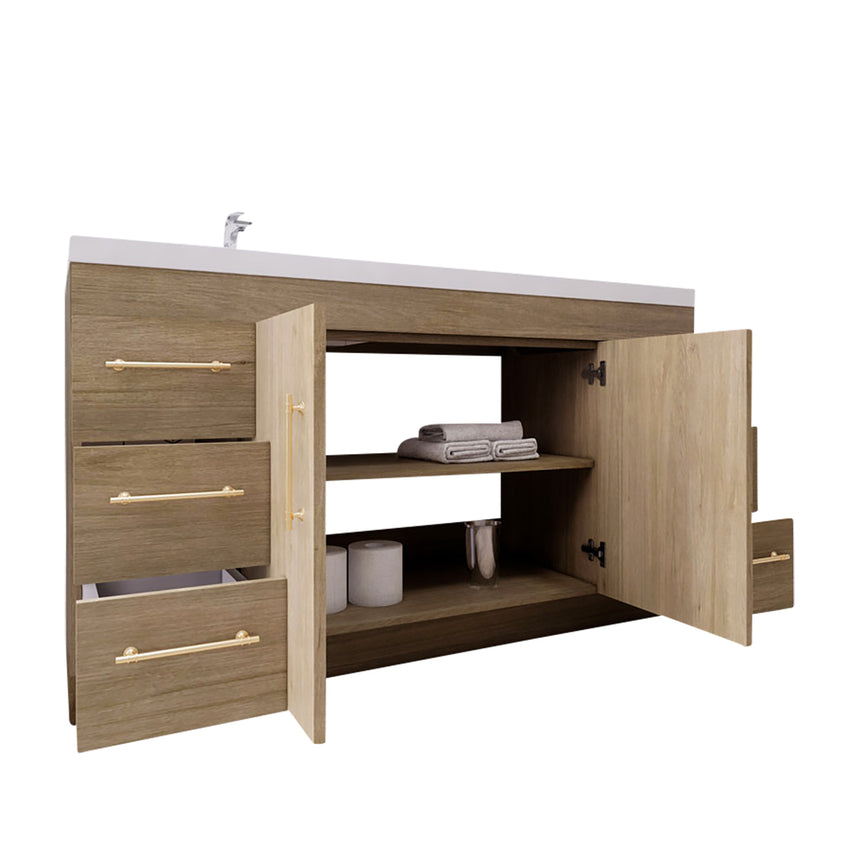 Bathroom with wooden vanity, sink, and decorative elements.