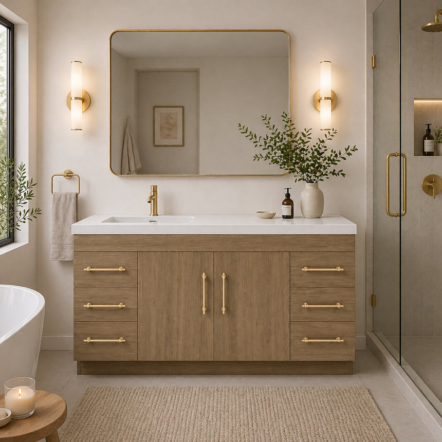 Bathroom with wooden vanity, sink, and decorative elements.
