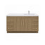 Bathroom vanity with wooden finish, white countertop, and gold fixtures on a white background