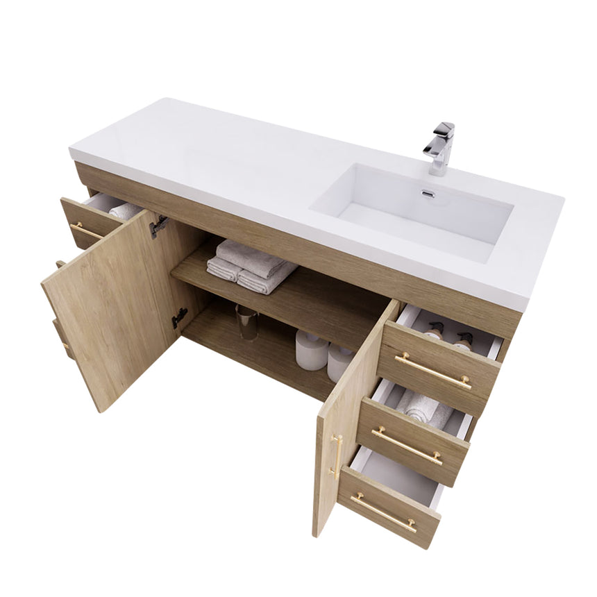 Bathroom with wooden vanity, sink, and decorative elements.