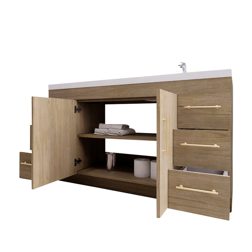 Bathroom with wooden vanity, sink, and decorative elements.