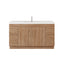 Wooden bathroom vanity with white countertop on a white background
