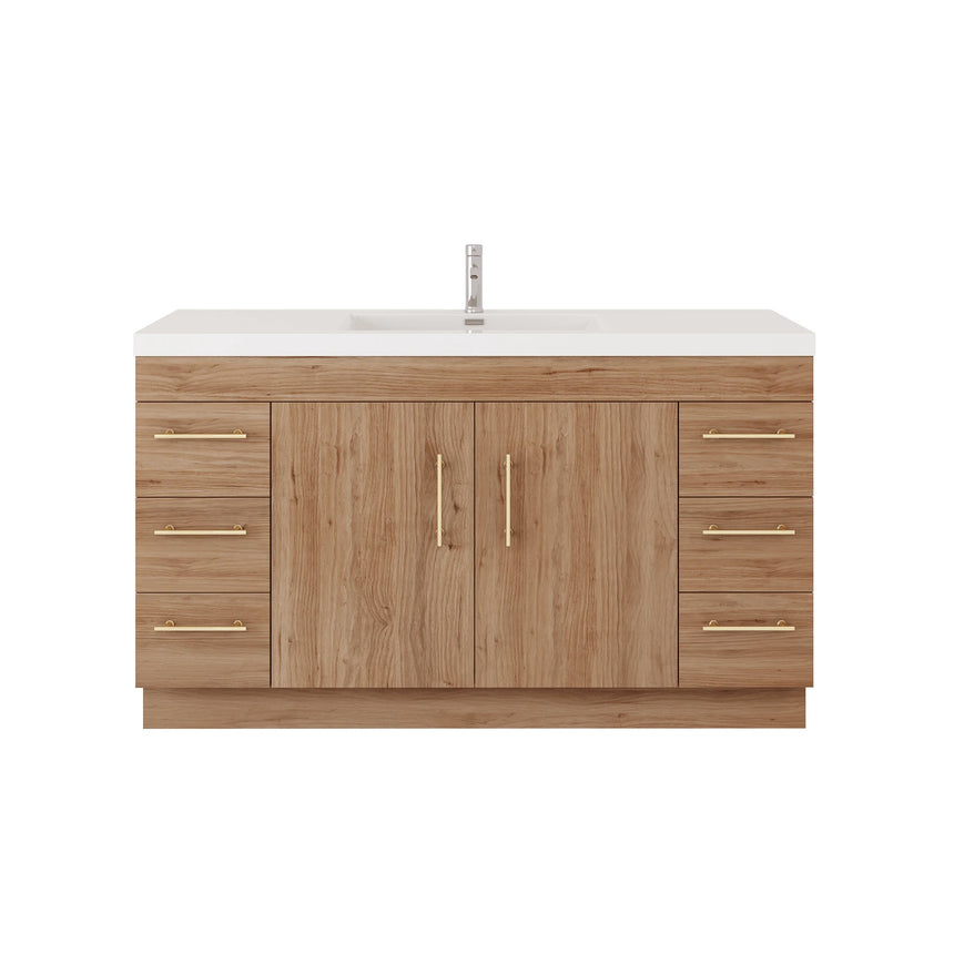Bathroom with wooden vanity, sink, and decorative elements.
