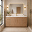Modern bathroom with wooden vanity, mirror, and decorative elements.