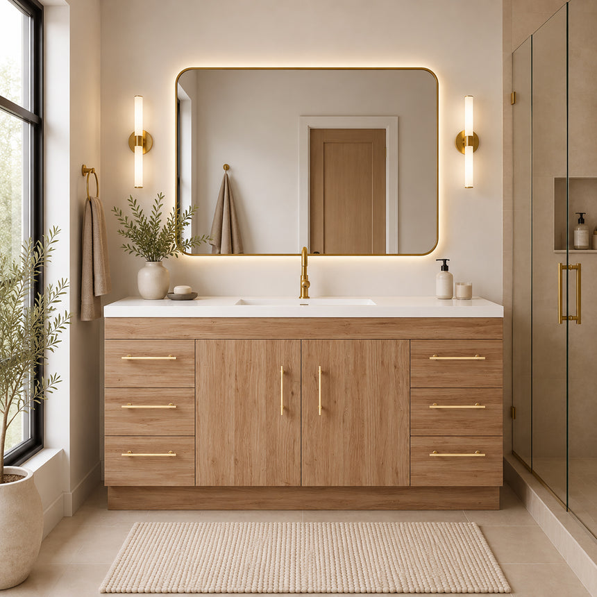 Bathroom with wooden vanity, sink, and decorative elements.