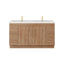 Wooden bathroom vanity with white countertop and gold fixtures on a white background