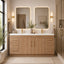 Bathroom with wooden vanity, mirrors, and decorative elements.