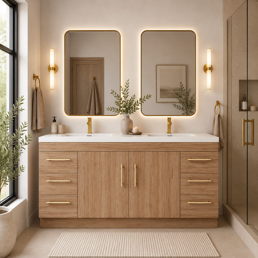 Bathroom with wooden vanity, sink, and decorative elements.