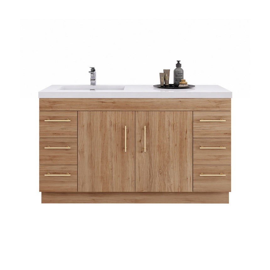 Bathroom with wooden vanity, sink, and decorative elements.