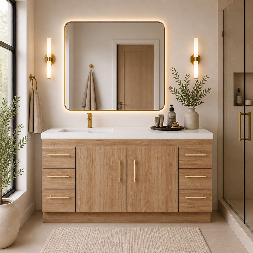 Bathroom with wooden vanity, sink, and decorative elements.