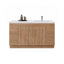 Wooden bathroom vanity with white countertop and sink on a white background