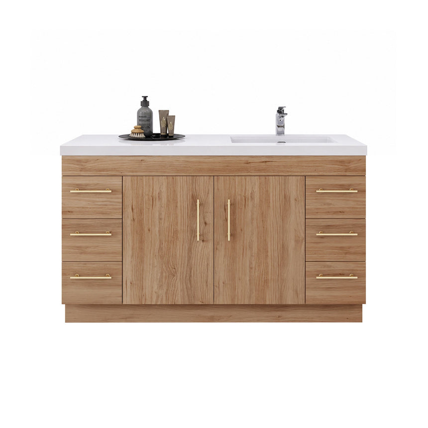 Bathroom with wooden vanity, sink, and decorative elements.