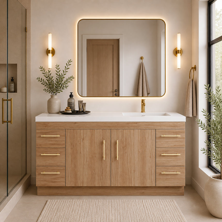 Bathroom with wooden vanity, sink, and decorative elements.