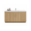Bathroom vanity with wooden finish and white countertop on a white background