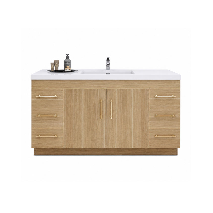 Bathroom with wooden vanity, sink, and decorative elements.