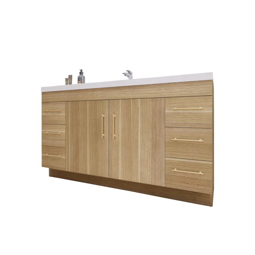 Bathroom with wooden vanity, sink, and decorative elements.