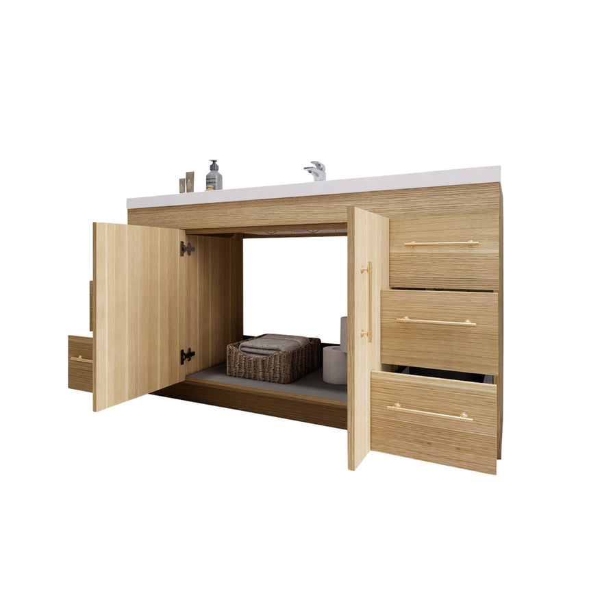 Bathroom with wooden vanity, sink, and decorative elements.