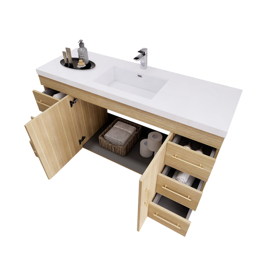 Bathroom with wooden vanity, sink, and decorative elements.