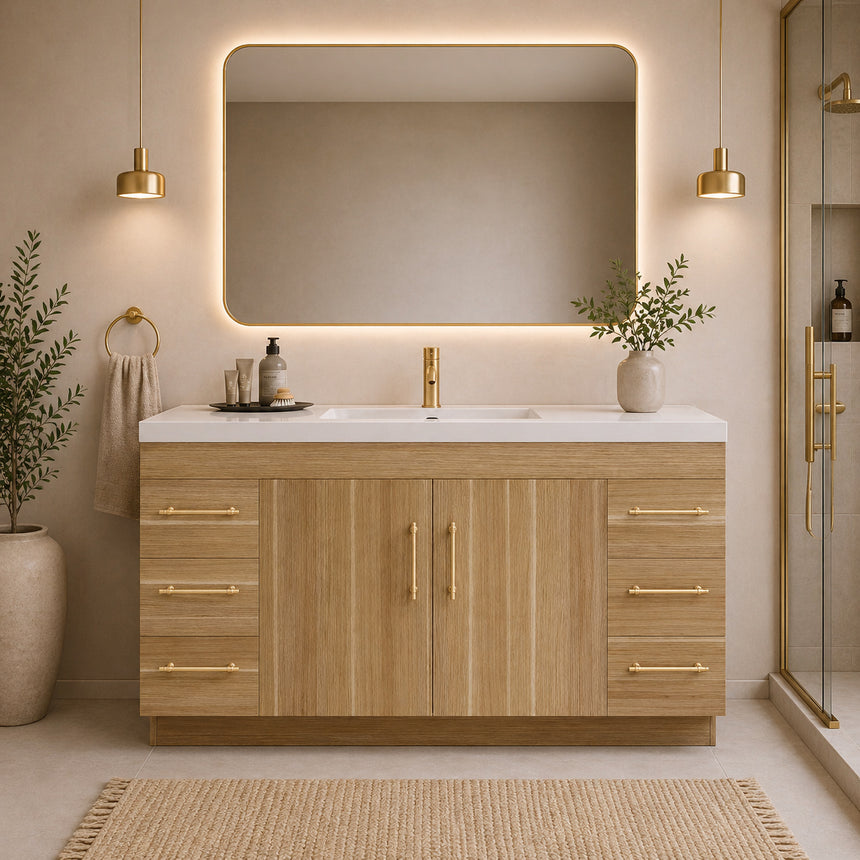 Bathroom with wooden vanity, sink, and decorative elements.