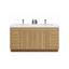 Bathroom vanity with wooden finish and white countertop on a white background