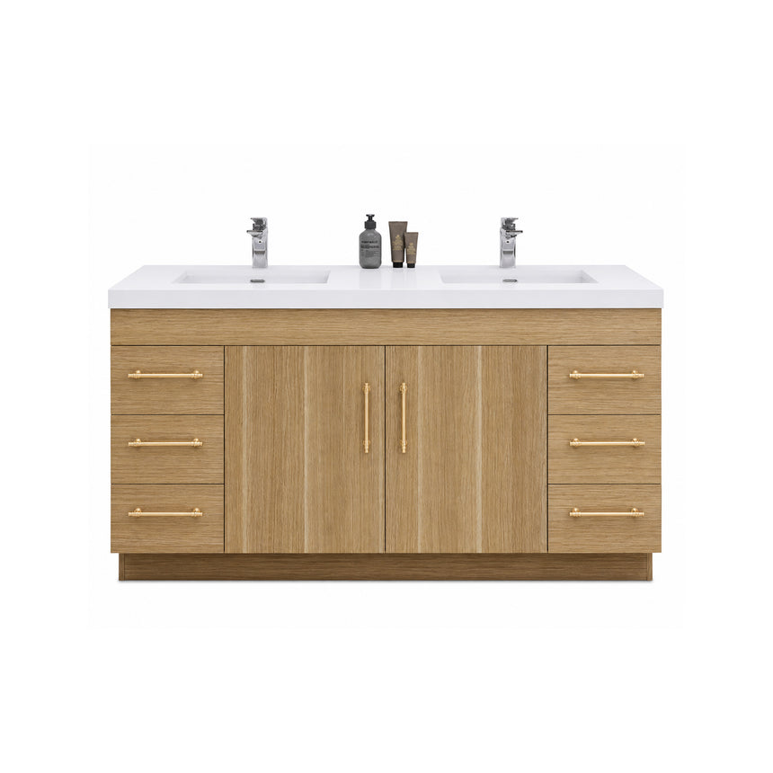 Bathroom with wooden vanity, sink, and decorative elements.